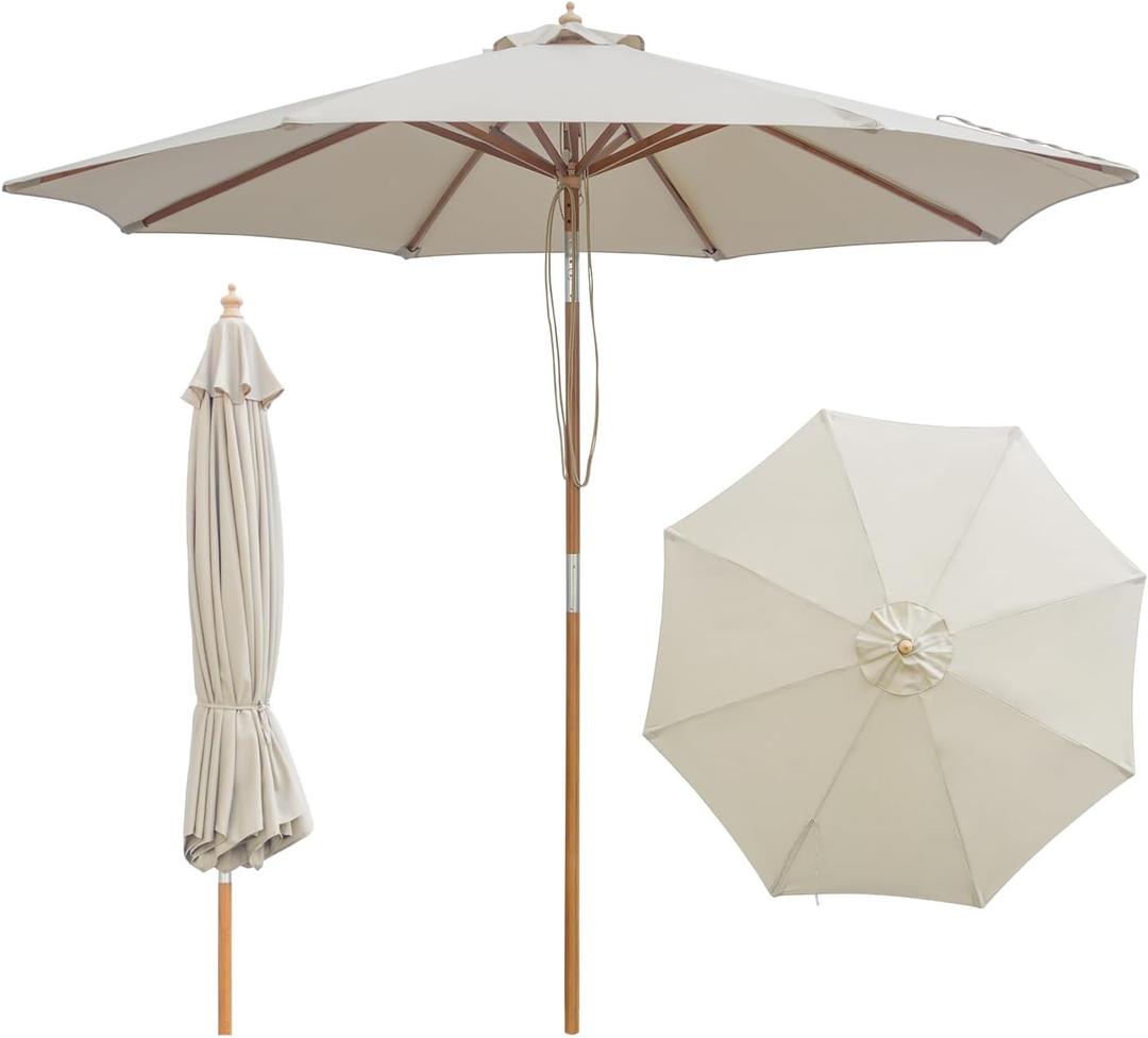 9FT/10FT Bamboo Patio Umbrella, Large Outdoor Umbrella with UPF 50+ Sun Protection, Rope Pulley Lift & Push-Button Tilt, 8-Rib Ventilated Canopy for Garden, Deck, Backyard & Outdoor Dining