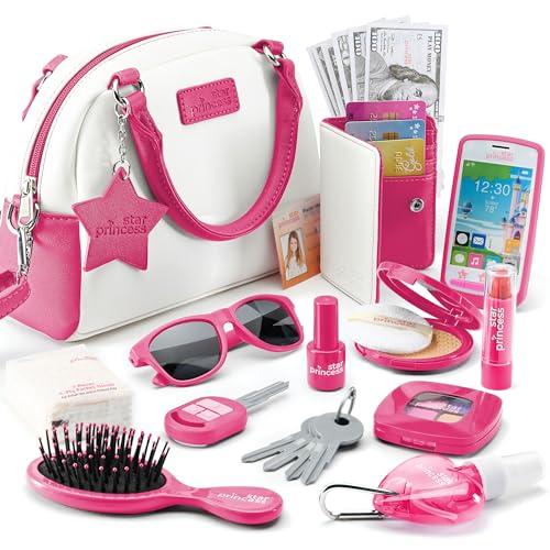 Star Princess Pretend Play Purse Set for Girls - Realistic Purse with Accessories: Toy Phone, Wallet, Credit Cards, Keys, Makeup for Role Playing Toys for Girls Ages 3-8