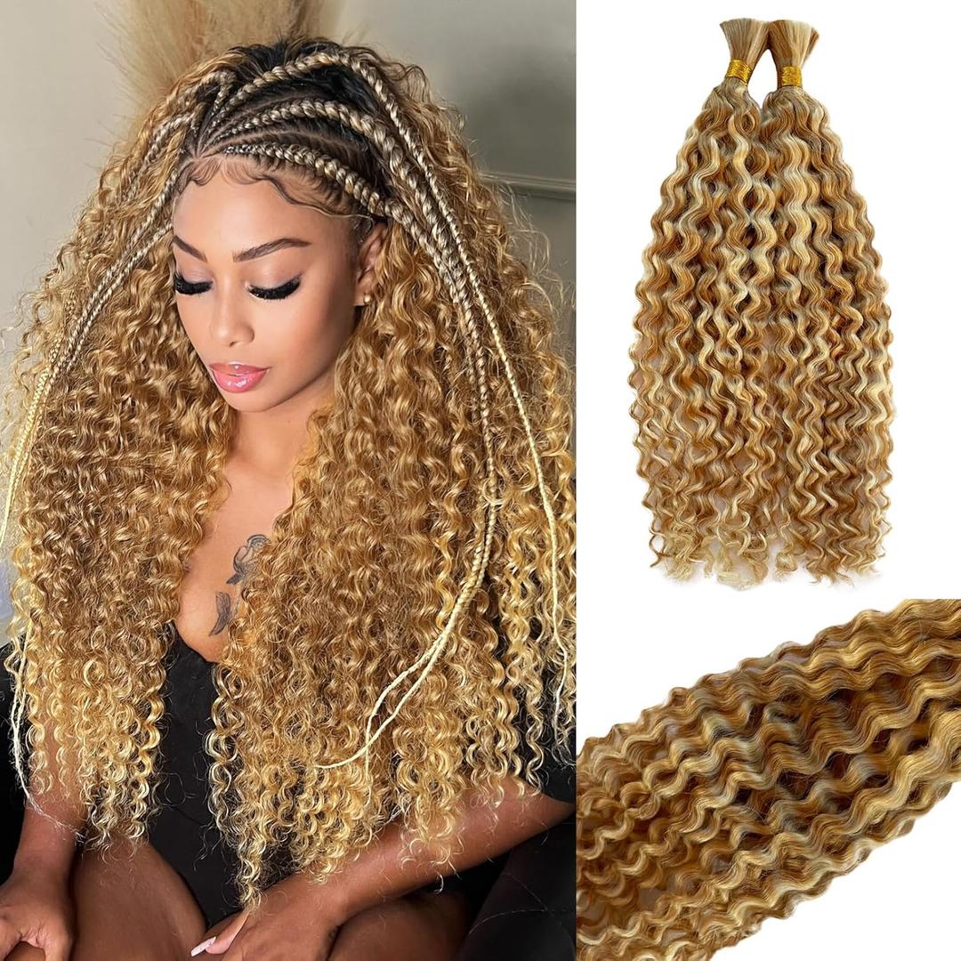 Blonde Braiding Hair 100g 28 Inch Deep Water Wave 2 Bundle Bulk Human Hair for Braiding Highlight Honey Blonde Curly Hair Extensions for Boho Braids Wet and Wavy Color Human Braiding Hair
