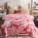 Mink Blankets, 7.7 lbs Korean Heavy Fleece Plush 78x90 inch 2 Ply Blankets with Peony Pattern Queen Size Soft Cozy Raschel Blanket for Autumn Winter (Pink)