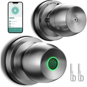 Fingerprint Door LockSmart Door Knob, Smart Lock Biometric Door Lock Fingerprint Door knob with App Control Suitable for Bedroom,Cloakroom,Apartments Offices,Hotels(Silver)