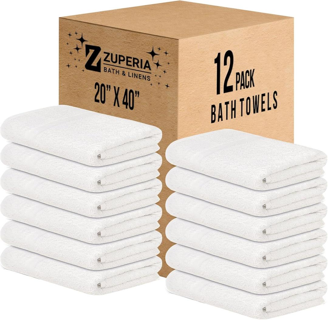 ZUPERIA White Bath Towels Bulk Pack of 12 (20 x 40 Inches), 100% Cotton Economy Light Weight Towels for Commercial Use - Quick Dry, Ultra-Soft, and Absorbent Bulk Towels