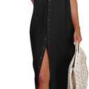 Dokotoo Womens Casual Short Sleeve Side Split Button Down Long Kimonos Cardigans Swimsuit Cover Ups Summer Beach Dress (Black, XL)