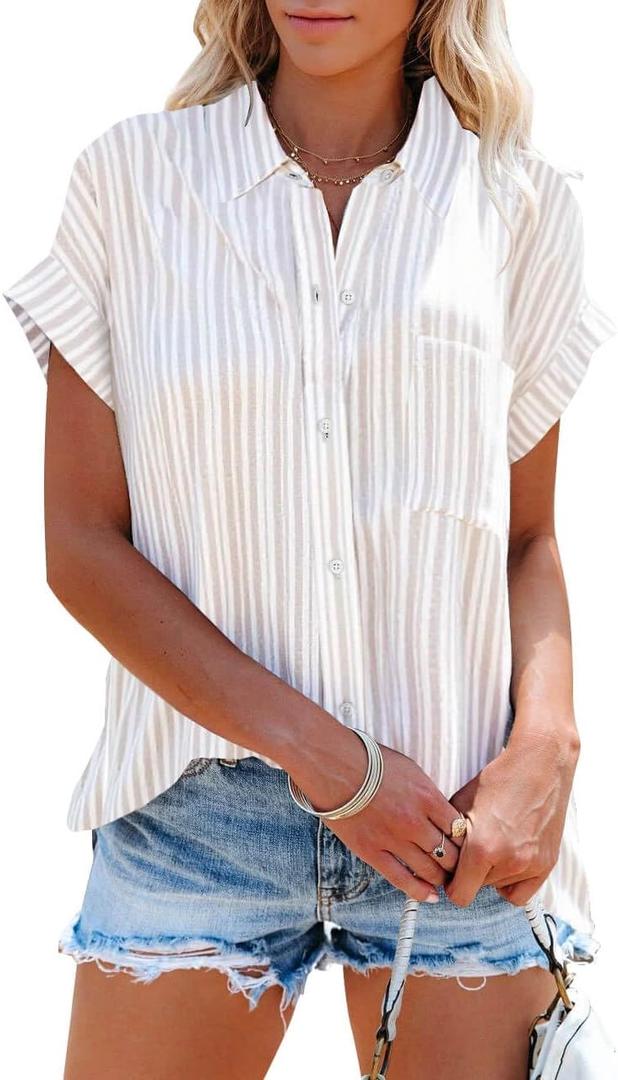 SySea Womens Short Sleeve Striped Shirts Casual Button Down V Neck Work Blouses Tops (X-Large, Apricot)