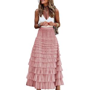 Long Tulle Skirt for Women Trendy High Waisted A Line Fluffy Fairy Mesh Layered Ruffle Skirt, Size: Small (Pink)