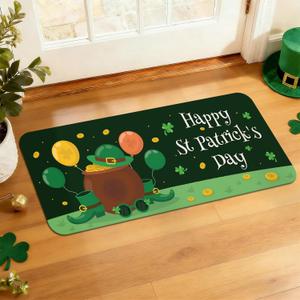 St. Patricks Day Rug Welcome Door mat 17x29 inch, Green Clover Lucky Door Mat for Front Door, Non-Slip Low Profile Indoor Outdoor Entryway Mat, Holiday Seasonal Home Decor (V3)