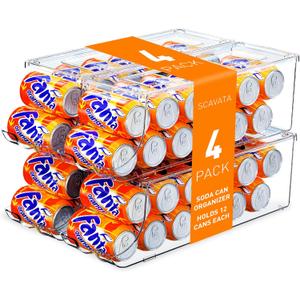 Pack of 4 Soda Can Organizer for Refrigerator, Stackable Canned Food Pop Cans Container Can Holder Dispenser with Lid for Fridge Rack Freezer, Clear Storage Bins-Holds 12 Cans Each (Transparent)