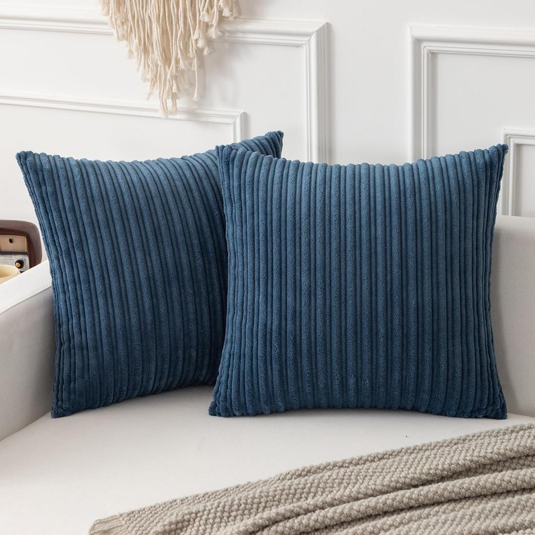 Kevin Textile Striped Corduroy 16x16 Pillow Covers 2 Pack, Dusty Blue | Soft Plush Corduroy Velvet Texture Cushion Covers with Hidden Zipper Farmhouse Decoration for Sofa Couch Chair
