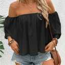 SweatyRocks Women's Sexy Cute Off Shoulder Ruffle Hem Flowy Chiffon Blouses Top (Black, XL)