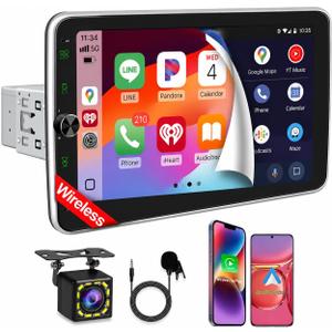 10.1 Inch Single DIN Car Stereo with Wireless CarPlay, Bluetooth 5.2, 720x1280 IPS Rotatable Touchscreen, FM AM RDS Radio with Android Auto, USB/Type-C Fast Charging, Backup Camera, Hands-Free Calling