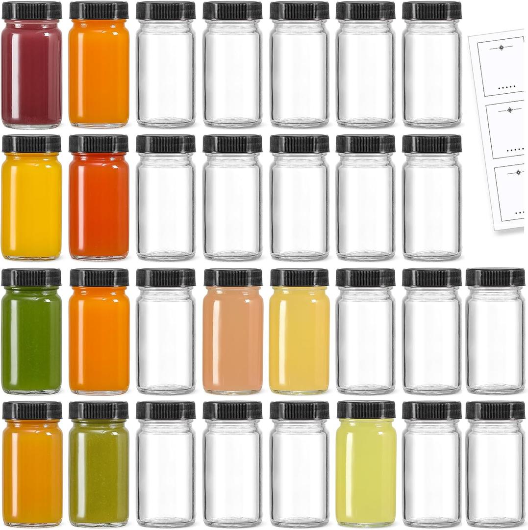 30 Pack 2 oz Glass Shot Bottles w/ Black Lids & 30 Labels - Small Clear Jar for Ginger, Wellness Shot, Juice, Sample, Whiskey - Travel Essentials Mini Bottles - Wide Mouth, Leakproof, Dishwasher Safe