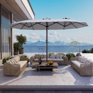 15FT Large Patio Umbrella with Base Included, Double Sided Extra Large Outdoor Umbrella, Rectangular Patio Market Umbrella for Pool, Yard, Lawn Garden (Light Gray) (15*9FT)