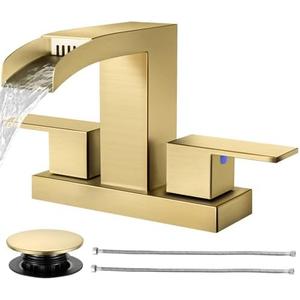Cobbe Waterfall Bathroom Faucets 3 Hole, Brushed Gold Bathroom Sink Faucet Square 4 Inch Centerset with Pop-Up Drain, 2 Handle and 2 Supply Hoses, Lead-Free Stainless Steel for Vanity Sink Rv