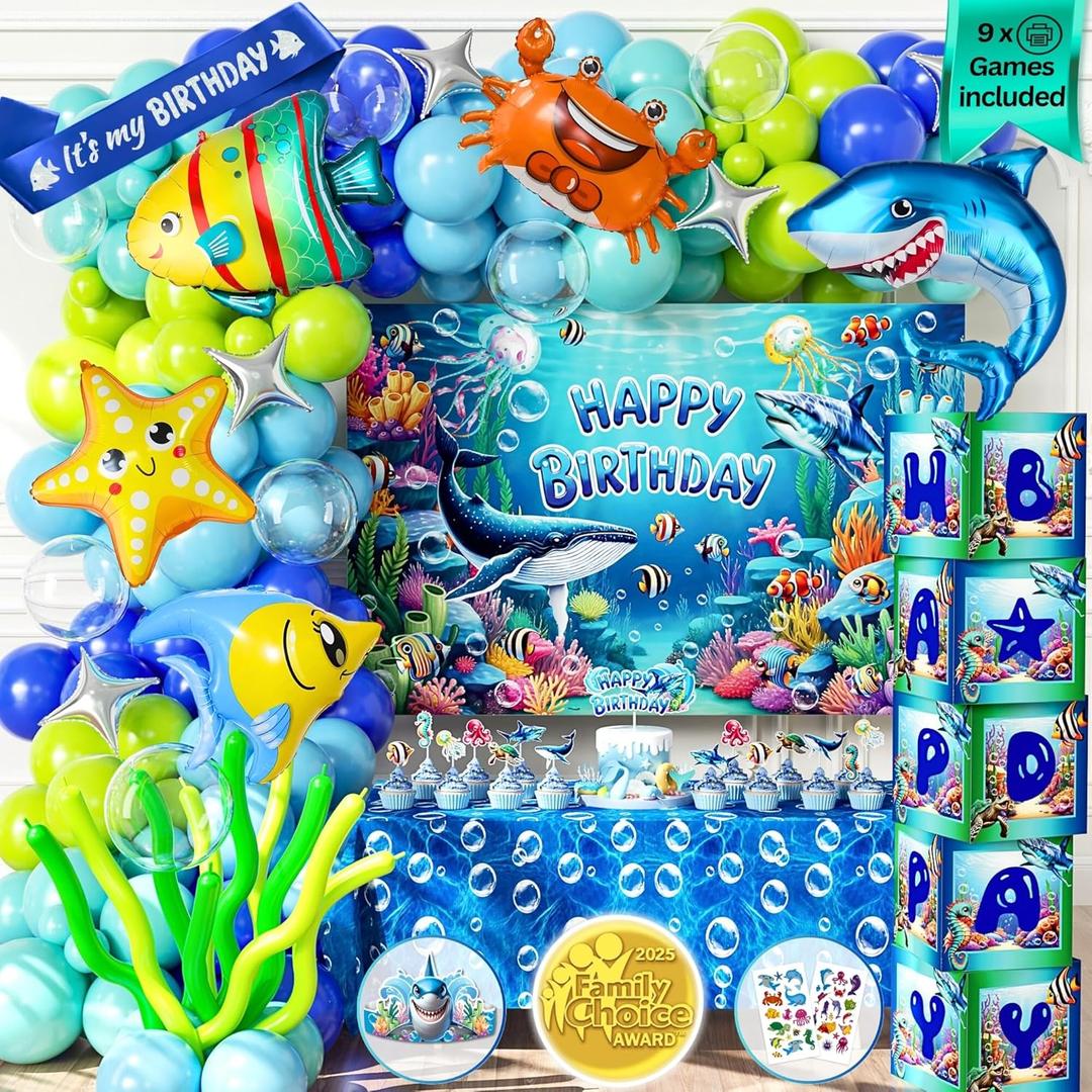 179 PCS Under the Sea Party Decorations  Ocean Themed Baby Shark Birthday Supplies with Balloon Arch Kit, Backdrop, Sea Creatures, Cake Toppers & Tablecloth  Underwater Party Decor for Kids