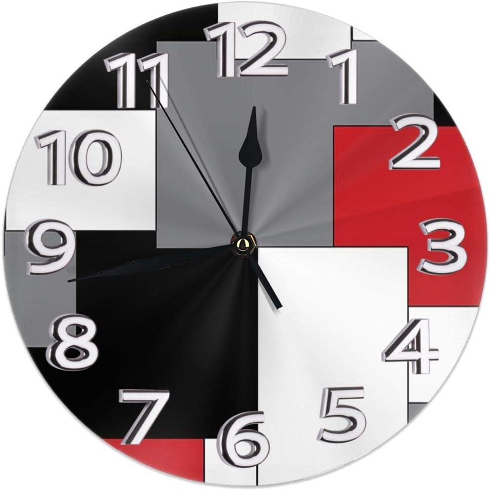 Geometric Decorative Wall Clock with Roman Numeral Hands White,Grey,Black and Red Irregular, Round Durable Lightweight Waterproof for Living Room Classroom Patio Bedroom, One Size