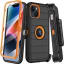 for iPhone 14 Plus Case with Belt Clip Holster,Built-in Screen Protector,Heavy Duty Shockproof Drop Protection Military Grade Rugged Phone Cover with Kickstand for Apple 14 Plus (Black/Orange)