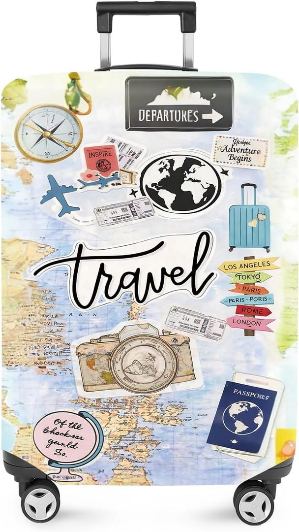 ANNA QUEEN Travel Collage Luggage Cover, World Map & Sticker Style Suitcase Protector for 28-30 Inch Travel Bags