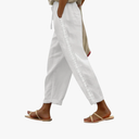 Puimentiua Women Linen Pants Lightweight Capri Pants with Lace Side Summer Casual Beach Drawstring Elastic Waist Trousers M