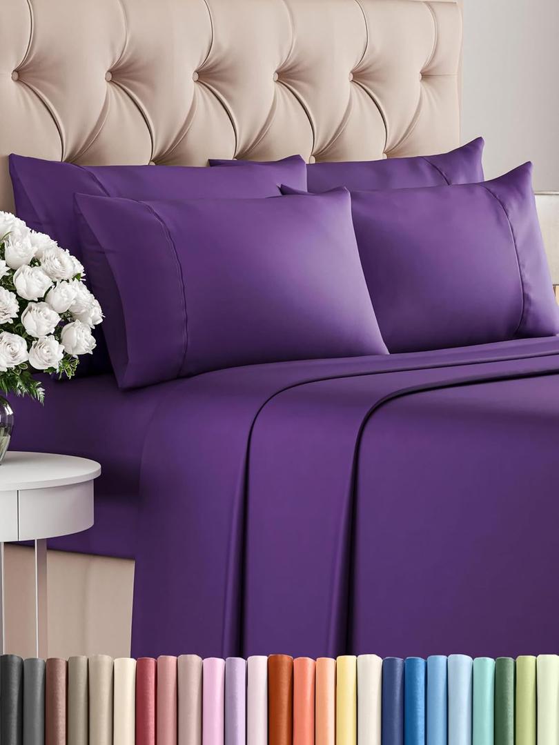 Queen Sheets Set 6 Piece - Bed Sheets Queen Size - Soft Hotel Luxury Bedding - Cooling, Comfy & Breathable - 1 Flat & 1 Fitted and 4 Pillowcases with Deep Pockets - Wrinkle and Fade Free - Purple