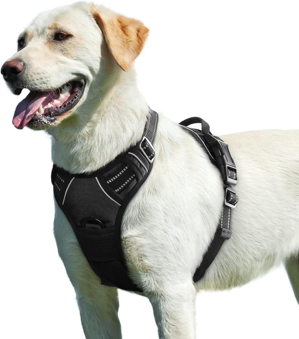 Eagloo Dog Harness for Large Dogs, No Pull Service Vest with Reflective Strips and Control Handle, Adjustable and Comfortable for Easy Walking, No Choke Pet Harness with 2 Metal Rings, Black, L