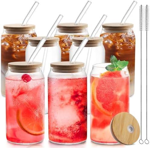 HOMBERKING Glass Cups with Bamboo Lids and Straws 7pcs Set, 20oz Cups, Beer Glasses, Iced Coffee Cups, Cute Tumbler with 2 Cleaning Brushes, Ideal for Cocktail, Whiskey, Tea, Gift