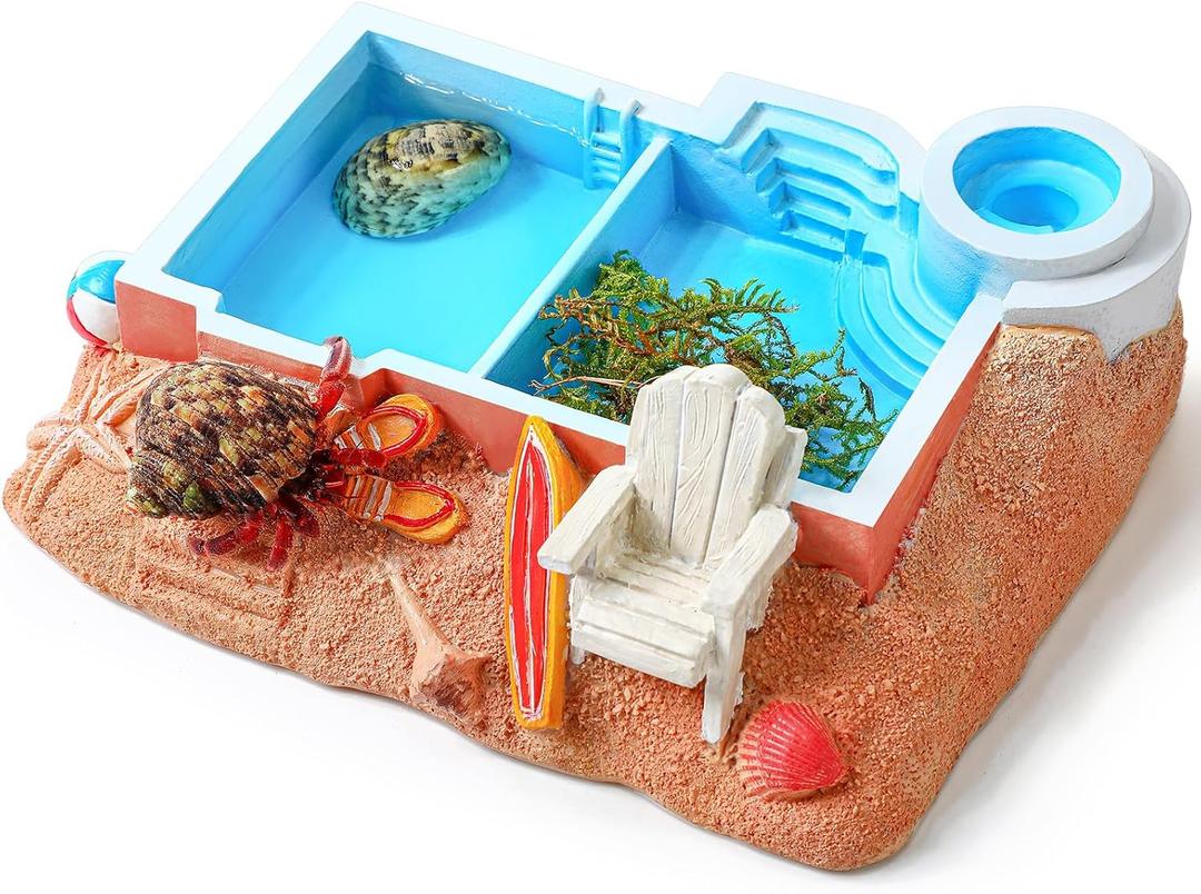 Gerrii Hermit Crab Water Bowl with Climbing Ramp, 2 Compartments Resin Hermit Crab Water Bathing Pool and Food Dish Seashell Reptile Climbing Habitat Platform for Turtles Lizard Frog Gecko Chameleons
