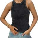 KEEPSHOWING Acid Washed Tank Top for Women Sleeveless Crewneck Ribbed Knitted Crop Tops Ripped Basic Slim Camis(BK,S) Black (Green, S)