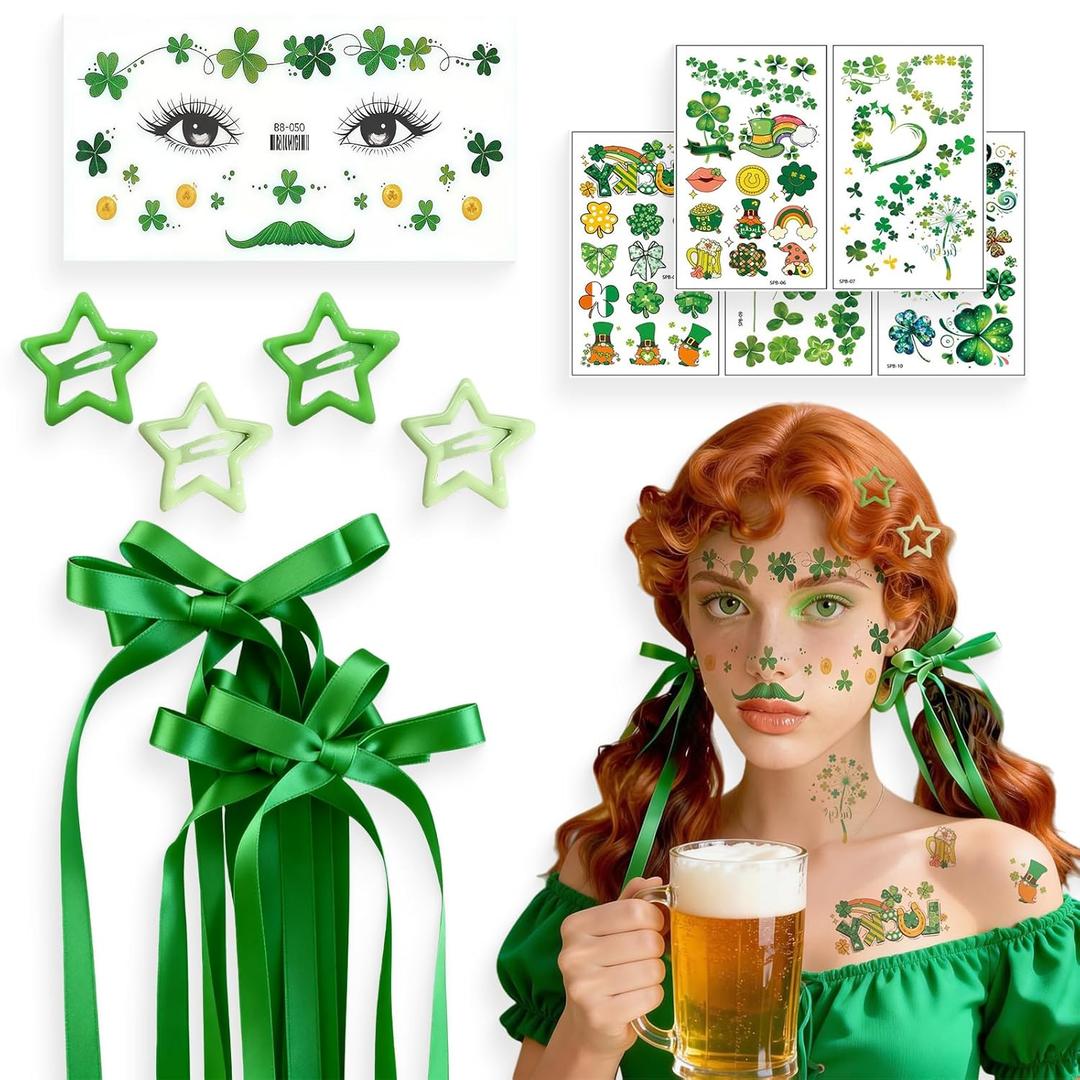 3 x St. Patrick's Day Hair Accessories Kit - Green Hair Bows, Star Hair Clips & Face Stickers for Women, Irish Party Hair Clips Set with Makeup Sticker for Pub Crawl, Festival