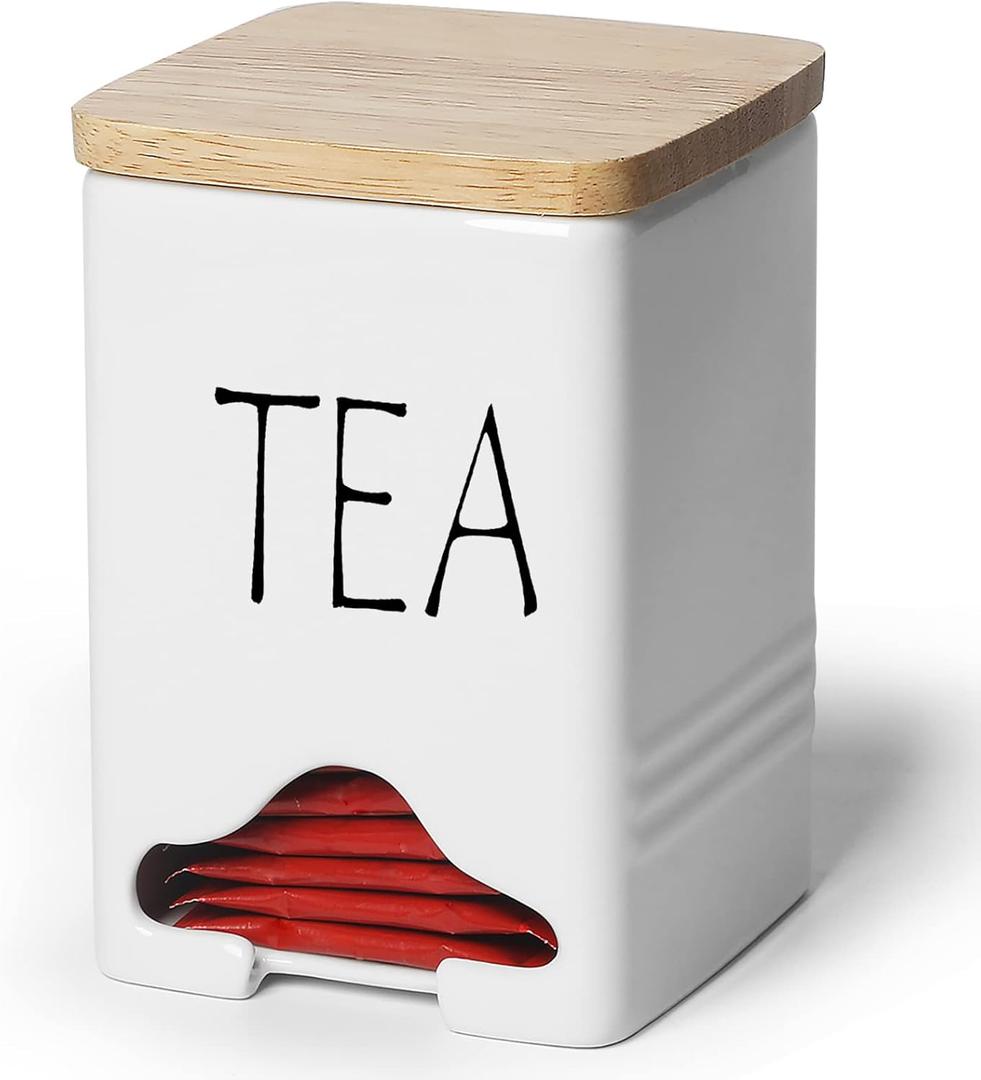 Ceramic Farmhouse Tea Bag Storage Organizer Caddy Holder with Lid (White)