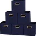 Household Essentials Fabric Storage Bins 6 Piece Set, Strong Poly-Woven Fabric, Sturdy Chipboard Sides, Grommet Front Handle, Stackable and Foldable, Classic Design, Navy
