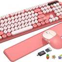 Wireless Keyboard and Mouse Combo, Typewriter Keyboard with Magnetic Wrist Rest, Full-Size Retro Round Keycaps, Smart-Sleep, 2.4GHz Stable Connection for Mac/Windows/PC, Trueque(Blush Pink)
