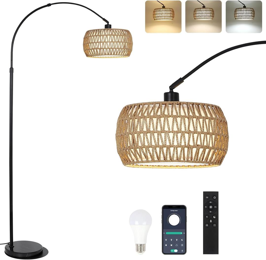 Arc Floor Lamps for Living Room with 3 Color Temperatures, Black Standing Lamp with Remote & Dimmable LED Bulb, Rattan Boho Floor Lamp, Farmhouse Tall Lamp for Bedroom, Over Couch Arched Reading Light