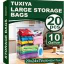 TUXIYA 20 PACK Extra Large Storage Bags, 10 Gallon 24"x20"x7", Resealable Clear Bags with Handle, XL Heavy Duty for Clothes Travel Moving, Double Zipper Seal, Expandable Bottom, Thick 8 Mils