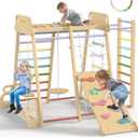 BlueWood Upgraded Indoor Jungle Gym 9-in-1 Playground Kids Climbing Toys, Waldorf Style Wooden Climber Playset with Slide, Swing, Monkey Bars, Upright/Rope Ladder, Climb Net, Colorful