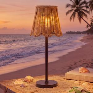 Outdoor Solar Table Lamp Rattan Wicker Lights Waterproof Scalloped Boho Table Lamps with Metal Base for Garden, Yard, Patio, Lawn Outdoor Decor Indoor Bedroom Living Room Desk