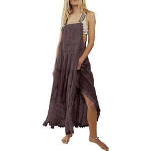 chouyatou Women's Lace Embroidered Tiered Maxi Dress Casual Suspender Strap Bib Overall Jumper Dress (Medium, Coffee)