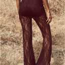 RoseSeek Women's Floral Lace Sheer Mesh Flare Pants Elastic High Waisted Long Trousers (Red, XS)