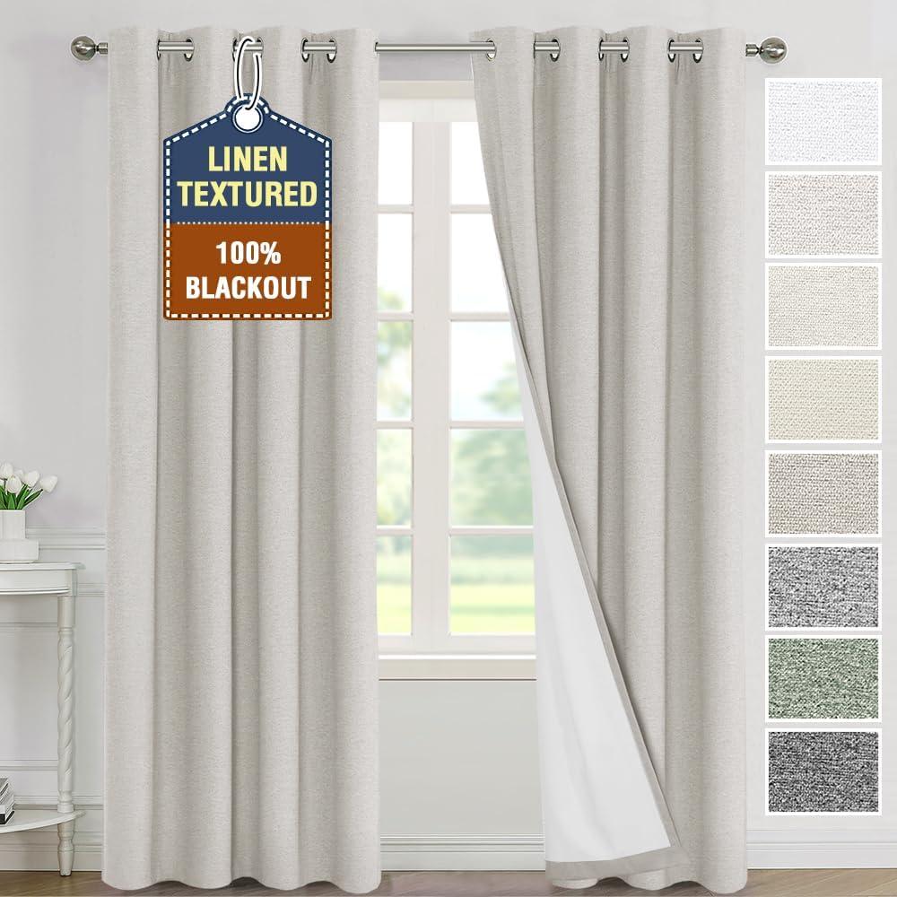 H.VERSAILTEX 100% Blackout Curtains for Bedroom 96 inches Long Light Blocking Linen Curtains with Thermal Barrier and Grommets for Modern Decor 2 Panel Sets, 52x96 Inch, Heather Stone(Not Solid)