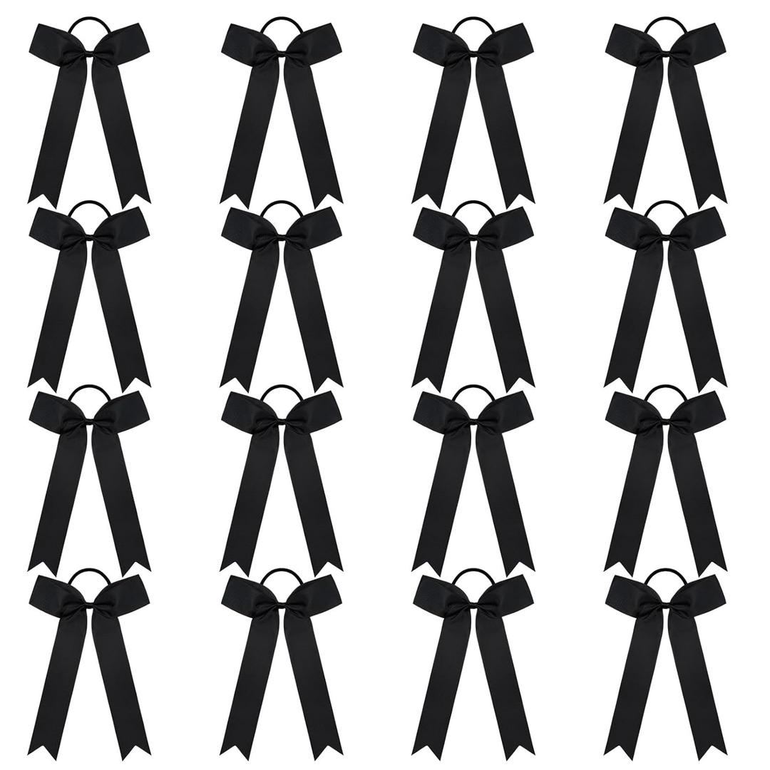 DEEKA 16 PCS Collegiate Style Ponytail Holders - Long Tail Skinny Handmade Bows for Girls, Teens, Softball, Cheerleaders, Sports - Black (5.5 x 9 Inch(Pack of 16))