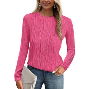 PRETTYGARDEN Long Sleeve Tops for Women Spring Fall Trendy Business Dressy Casual Shirts Crewneck Textured Blouse Clothes (Large)