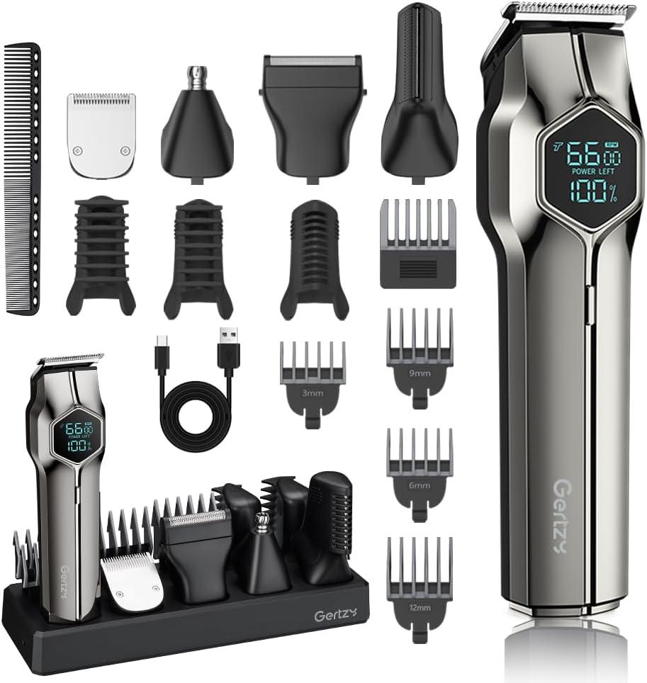 GERTZY 5-in-1 Electric Beard Trimmer Magnetic Replacement Heads, Professional Cordless Hair Clippers for Men Rechargeable, IPX7 Waterproof Grooming Kit for Mustache, Body, Nose, Gifts for Men (Silver)