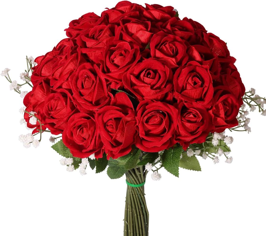 30PCS Long Stem Artificial Red Roses with 2PCS Baby's Breath, Fake Velvet Silk Rose Bulk Faux Flower for Wedding Home Decor Valentine's Day Party Floral Arrangement