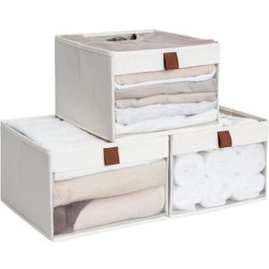 StorageWorks Closet Storage Bins, Storage Baskets with Clear Window and Handles, Foldable Fabric Organizer for Clothes, Shelves, Beige, 3 Pack