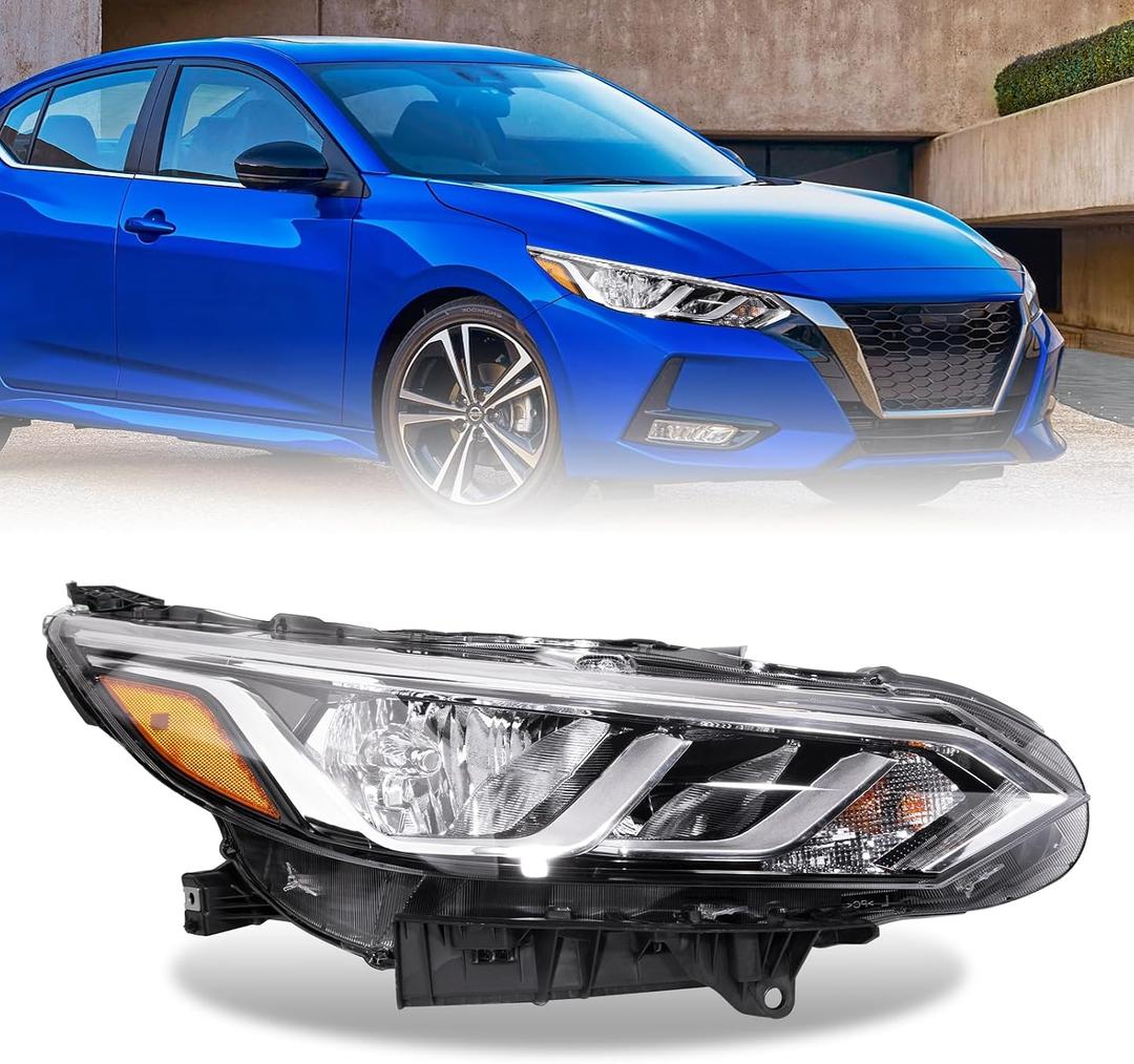 Halogen Headlights Compatible with 2020 2021 2022 Nissan Sentra S/SV Headlamp with Bulbs (Right Passenger Side)