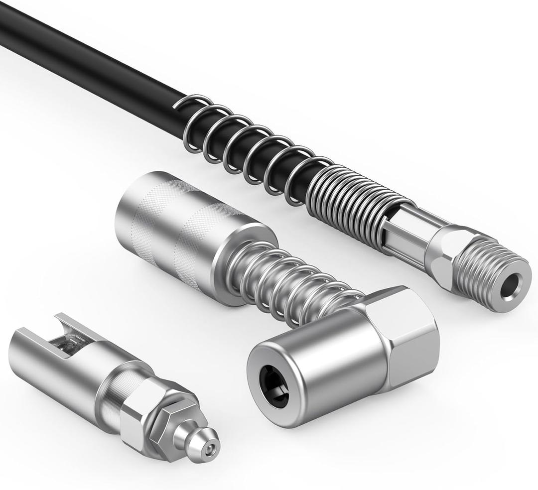 Fantictas 90 Degree Grease Coupler Slotted Right Angle 90 Degree Grease Coupler Combo with 12" Spring Flex Hose - Designed for Extra Reach in Tight Spaces