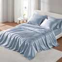 Madison Park Satin Sheets Cal King Size, Luxurious Silky Bed Sheets, Elastic 14" Pocket fits up to 16" Mattress, Wrinkle-Free, Soft Satin Bed Sheet Set, Blue 6 Piece