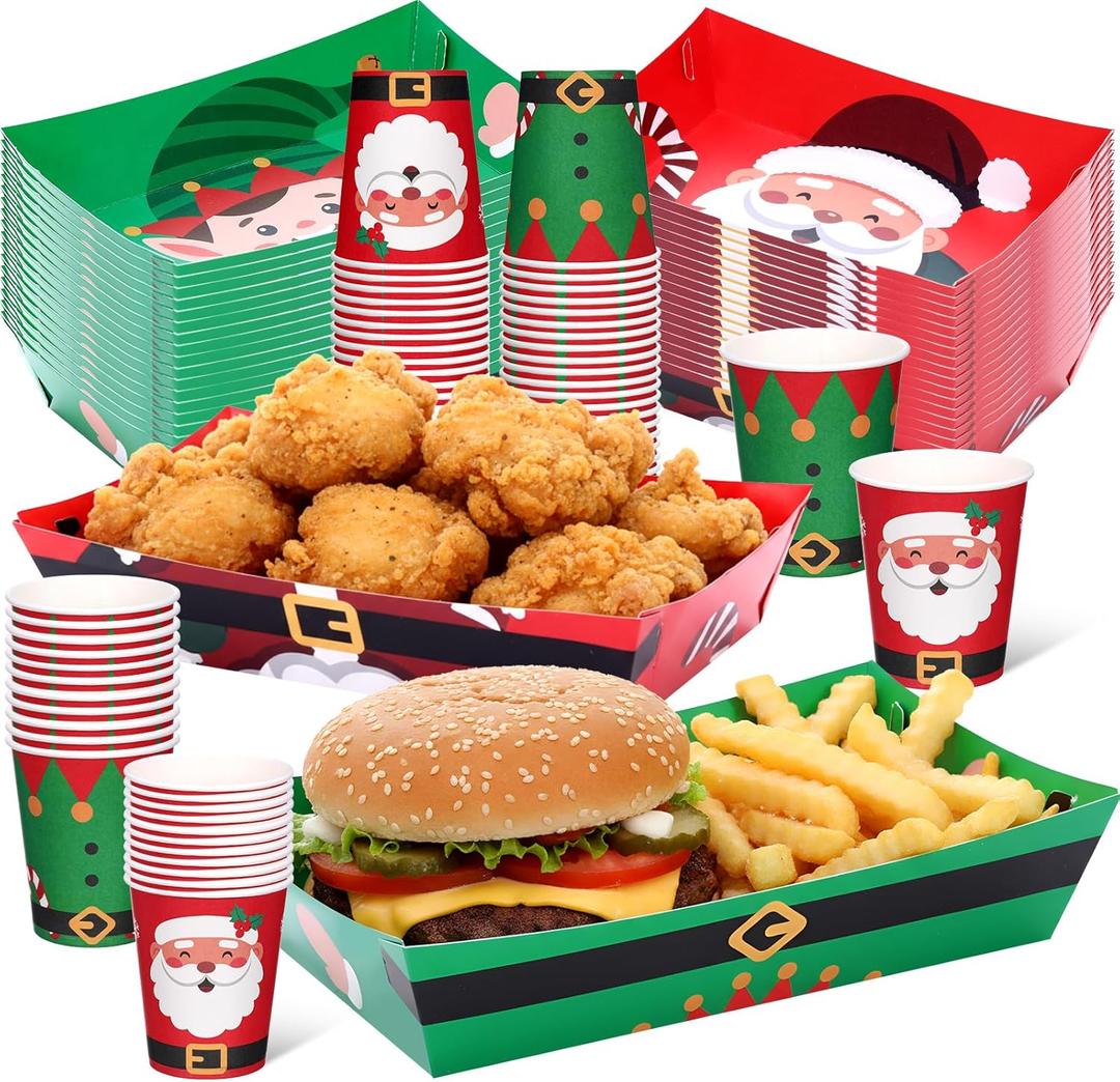 Acellegic 100 Pcs Christmas Disposable 9 oz Paper Cups and Large 10 x 7 '' Christmas Paper Food Trays Serving Plates Xmas Disposable Dinnerware Party Supplies Kit for Winter Holiday Xmas Party