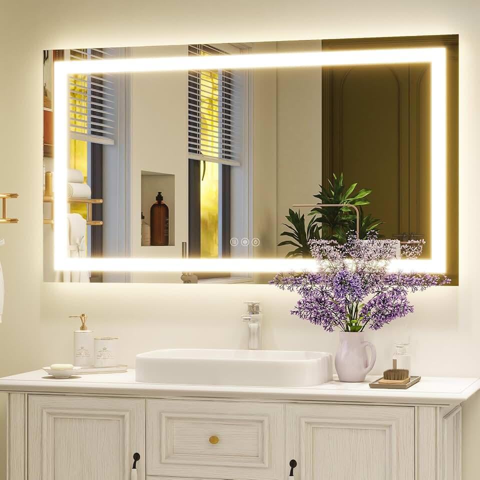 XRAMFY 36"X48"LED Bathroom Mirror, Backlit + Front Lit Wall Mirror | LED Bathroom Mirror with Lights for Wall, 3 Colors, Anti-Fog, Dimmable Brightness, Tempered Glass