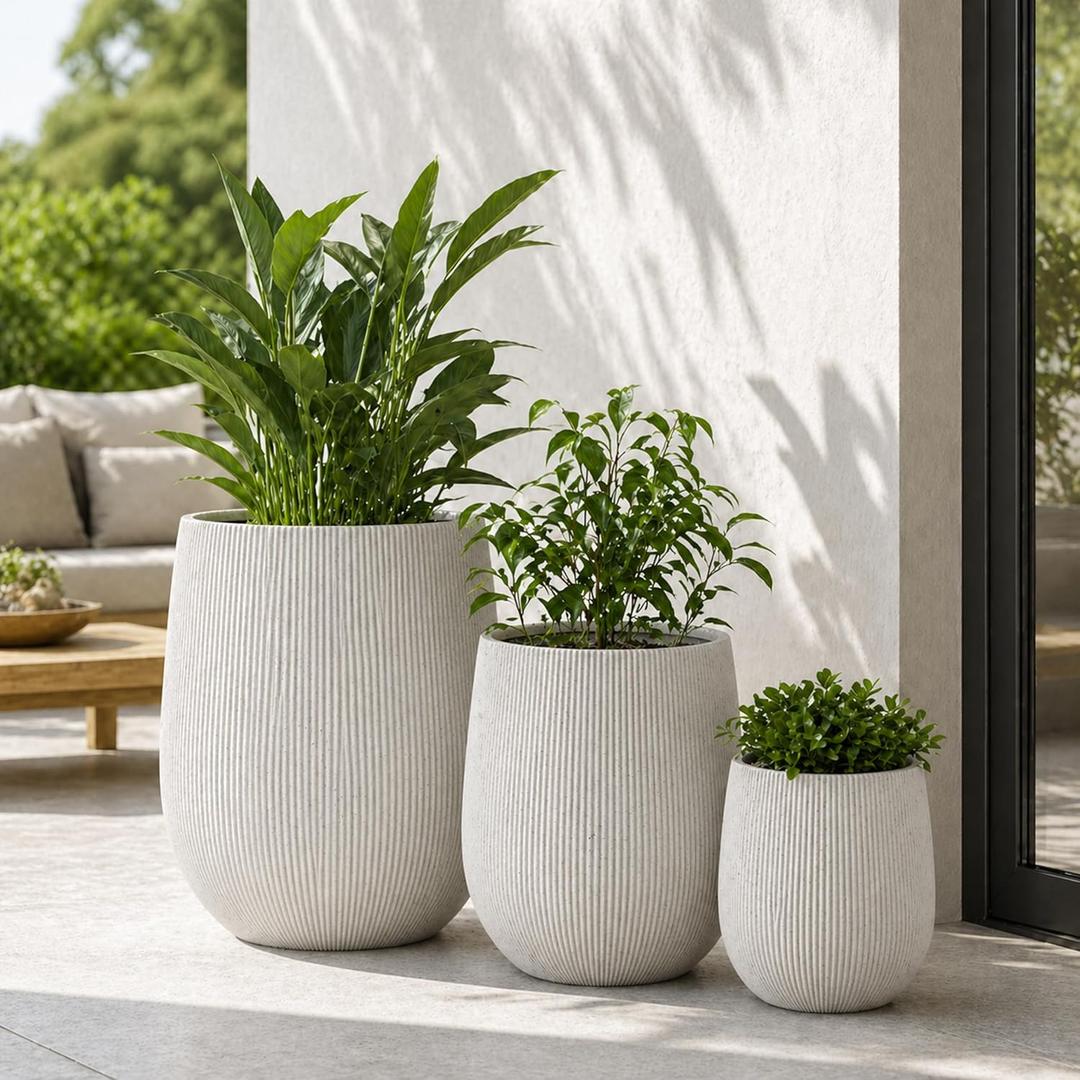 Set of 3 Fluted Round Polystone Indoor/Outdoor Planters, White, Sizes: 20.1 x 20.1 x 20.9 in., 15.1 x 15.1 x 16.5 in., 11 x 11 x 12.2 in.