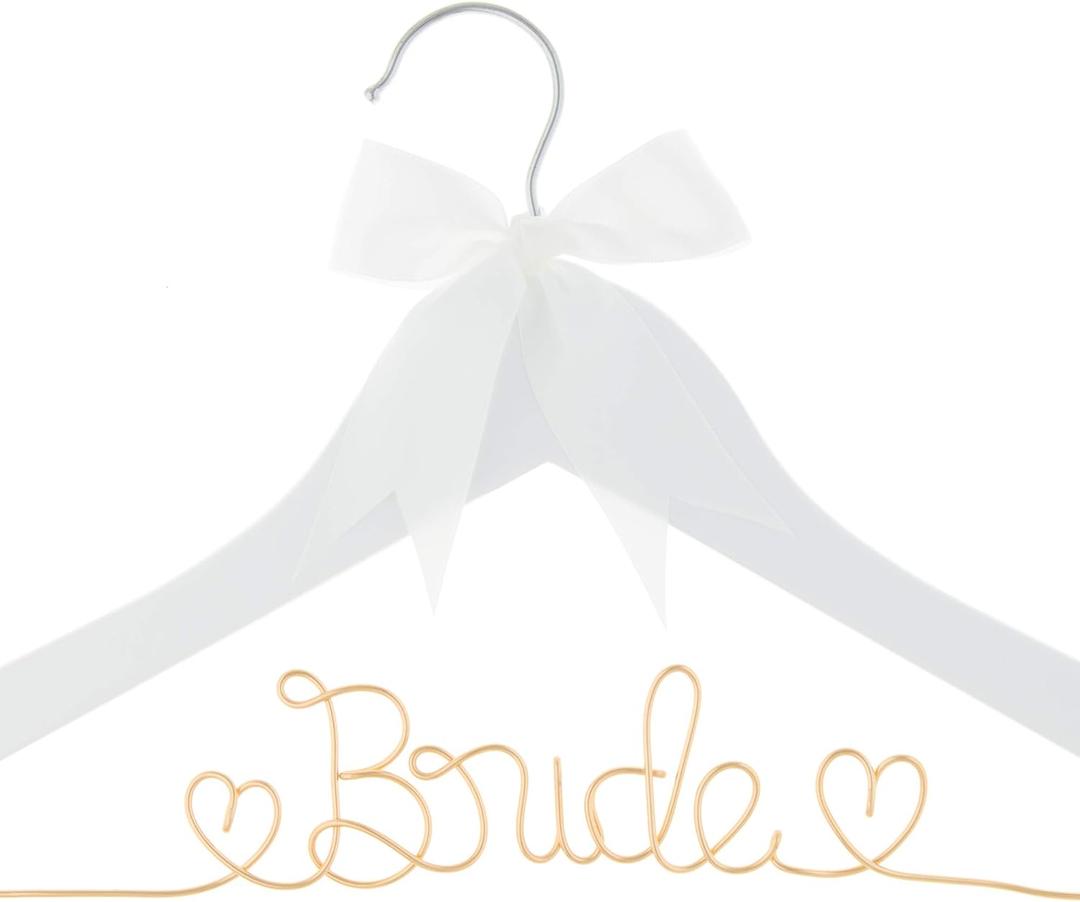 Bride to Be Wedding Dress Hanger Wooden and Wire Hangers for Brides Gowns, Dresses (White with Light Gold and Bow)